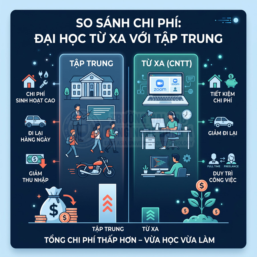 So sánh chi phí đại học tập trung và học CNTT từ xa, minh họa lợi ích tiết kiệm và vừa học vừa làm