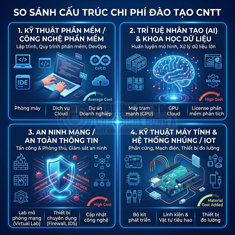 Infographic so sánh cấu trúc chi phí đào tạo các ngành CNTT: phần mềm, AI, an ninh mạng, kỹ thuật máy tính IoT
