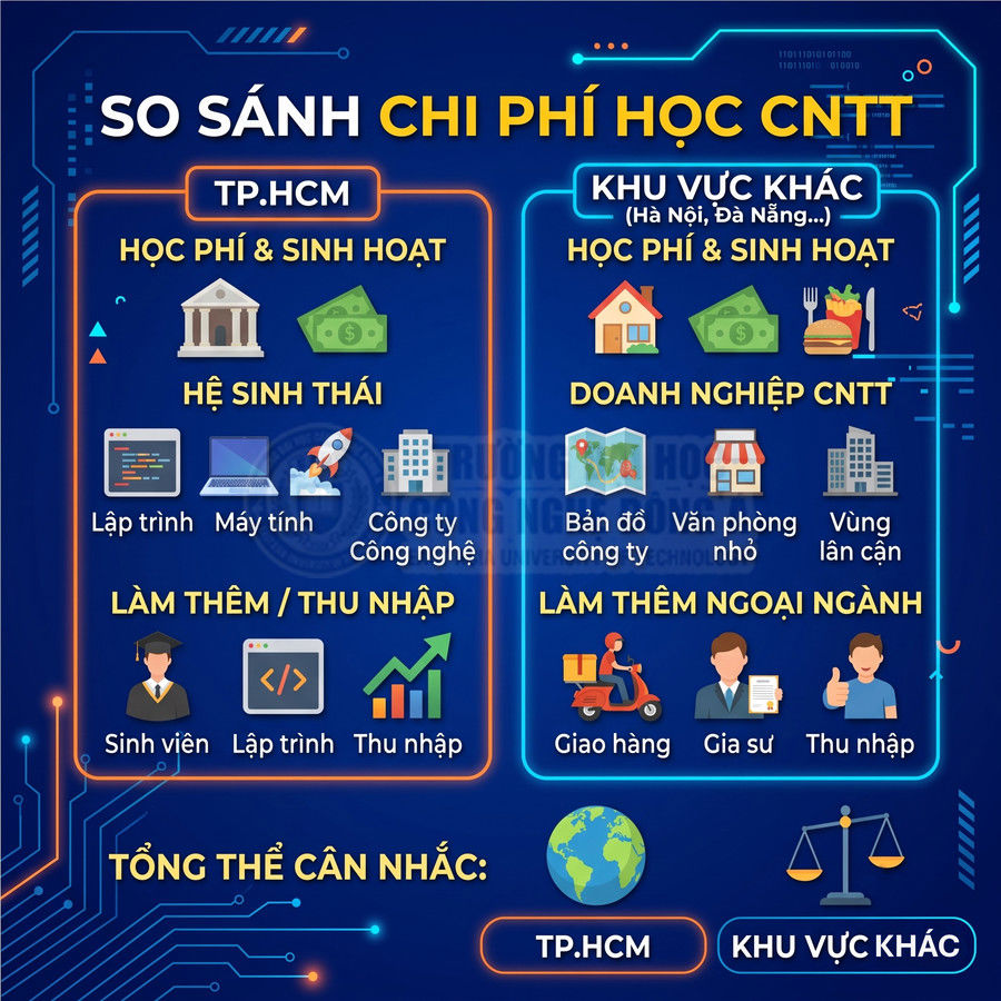 So sánh chi phí học CNTT giữa TP HCM và các khu vực khác về học phí, sinh hoạt và cơ hội việc làm