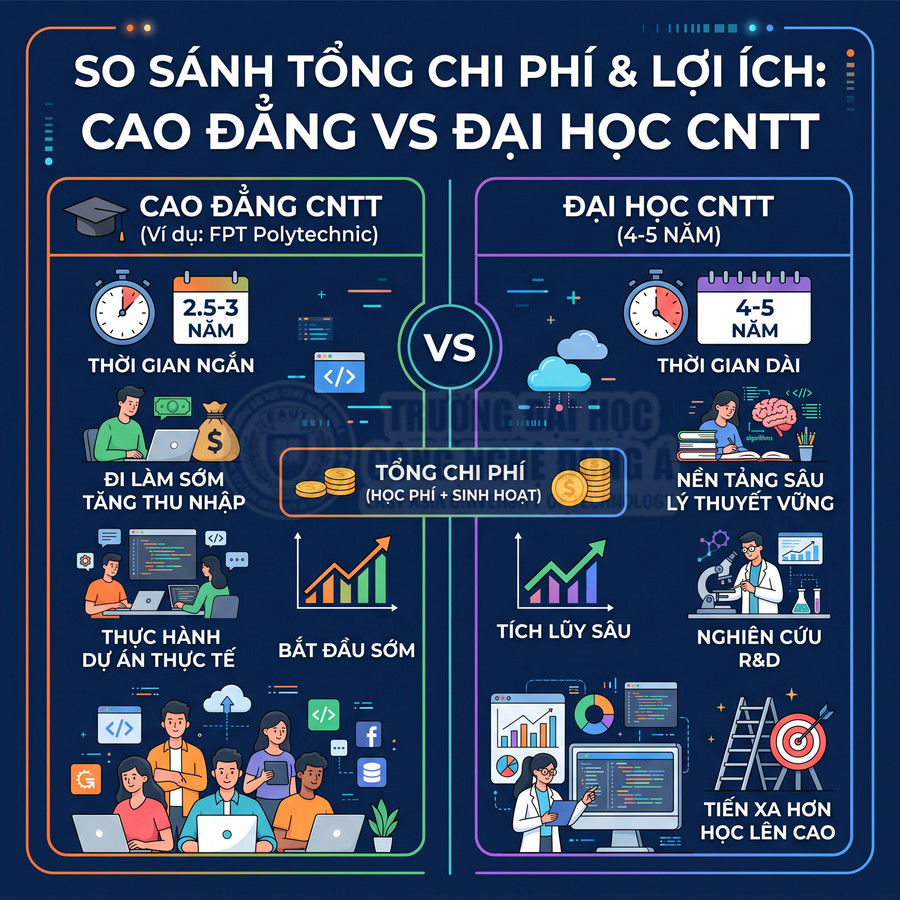 Infographic so sánh tổng chi phí và lợi ích học cao đẳng CNTT FPT Polytechnic với đại học CNTT 4 đến 5 năm
