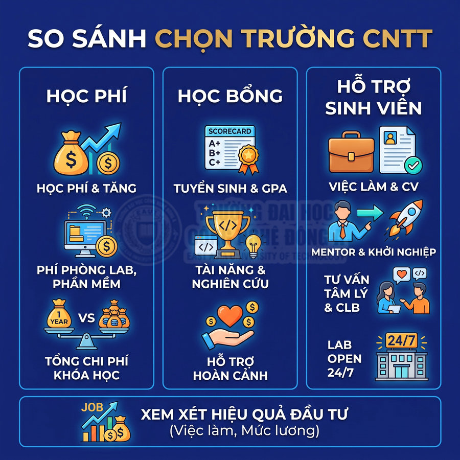 Infographic so sánh tiêu chí chọn trường đại học CNTT về học phí, học bổng và hỗ trợ sinh viên