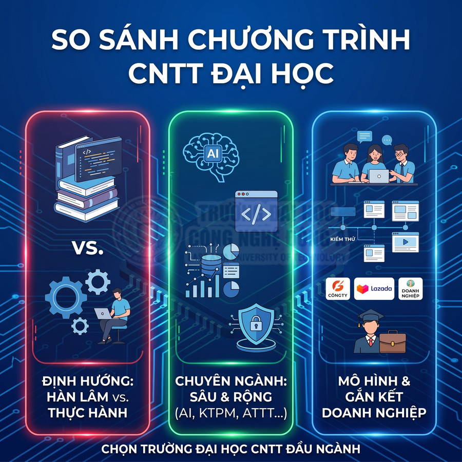 So sánh chương trình đào tạo công nghệ thông tin đại học về định hướng, chuyên ngành và gắn kết doanh nghiệp