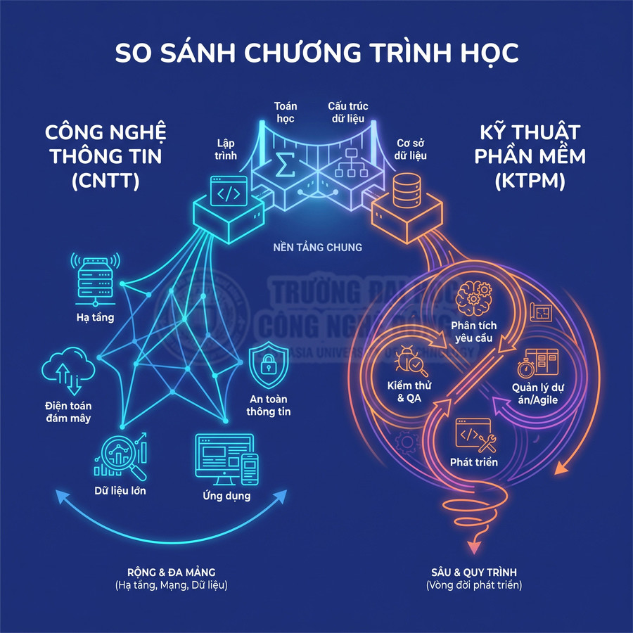 Infographic so sánh chương trình học Công nghệ thông tin và Kỹ thuật phần mềm với các lĩnh vực và quy trình đào tạo