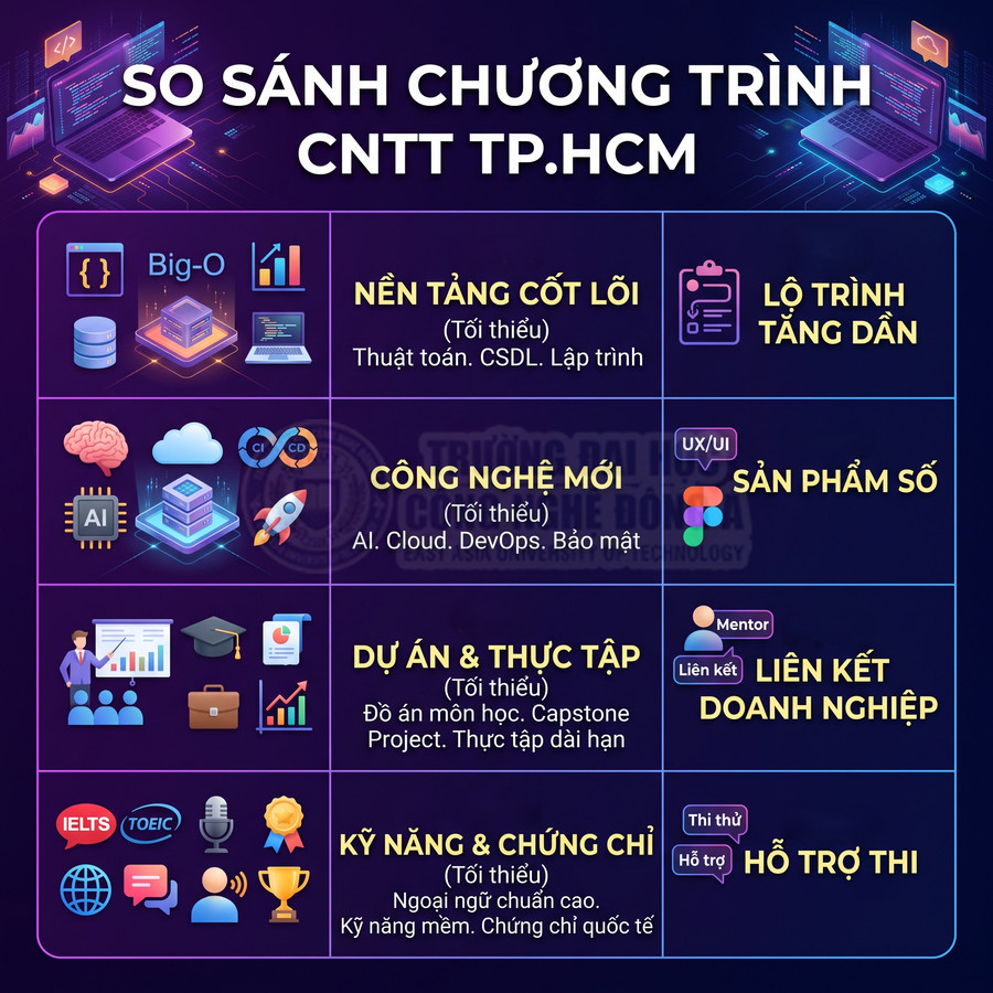So sánh chương trình đào tạo CNTT TP HCM về nền tảng, công nghệ mới, dự án, kỹ năng và hỗ trợ sinh viên