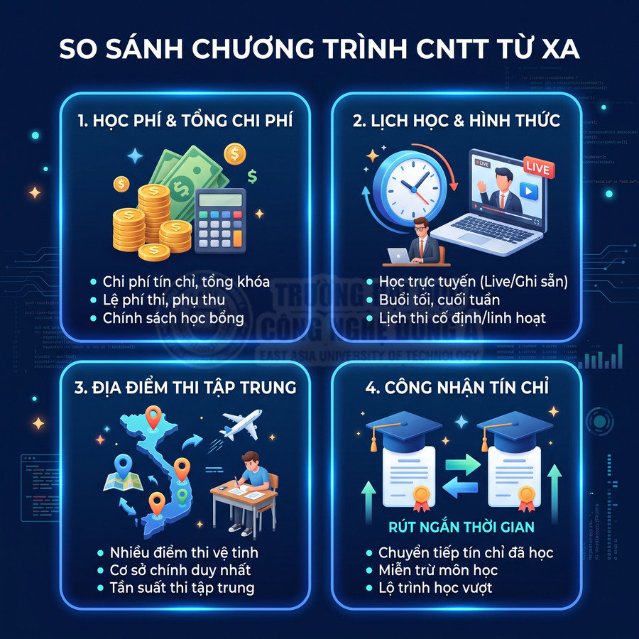 So sánh chương trình học CNTT từ xa về học phí, lịch học, địa điểm thi và công nhận tín chỉ