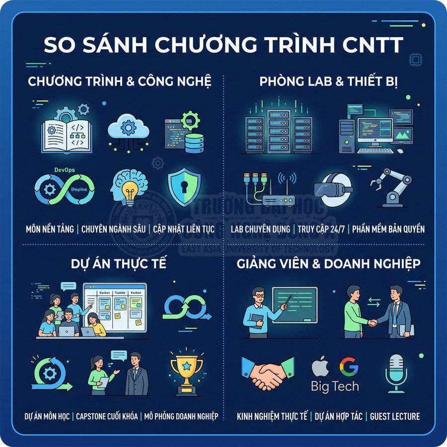 Infographic so sánh chương trình đào tạo CNTT với công nghệ, phòng lab, dự án thực tế và hợp tác doanh nghiệp