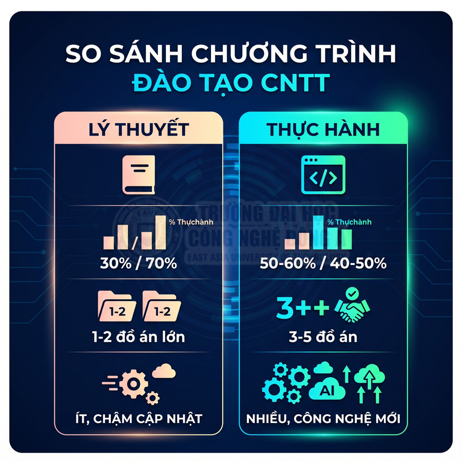 Infographic so sánh chương trình đào tạo CNTT lý thuyết và thực hành về tỷ lệ thực hành, số đồ án và công nghệ mới