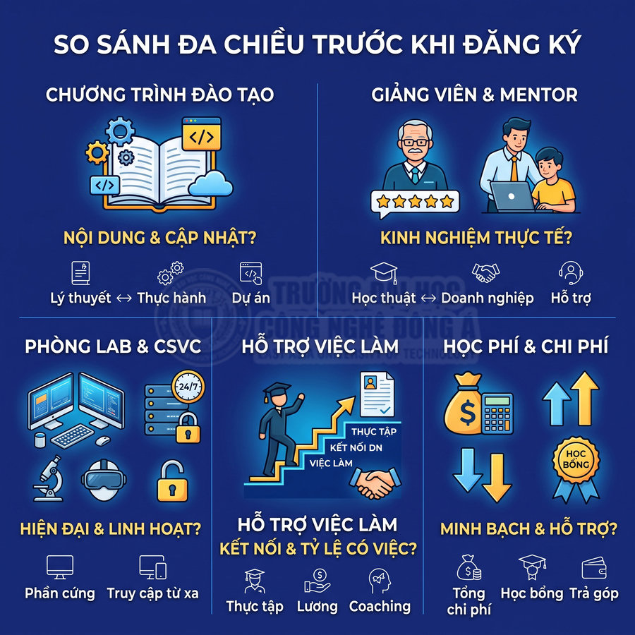 Infographic so sánh tiêu chí chọn trường công nghệ thông tin về chương trình đào tạo, giảng viên, cơ sở vật chất, việc làm, học phí