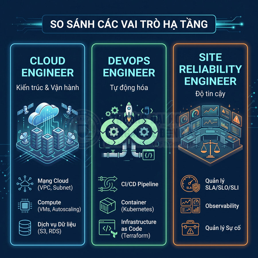 So sánh vai trò Cloud Engineer DevOps Engineer và Site Reliability Engineer trong quản trị hạ tầng IT