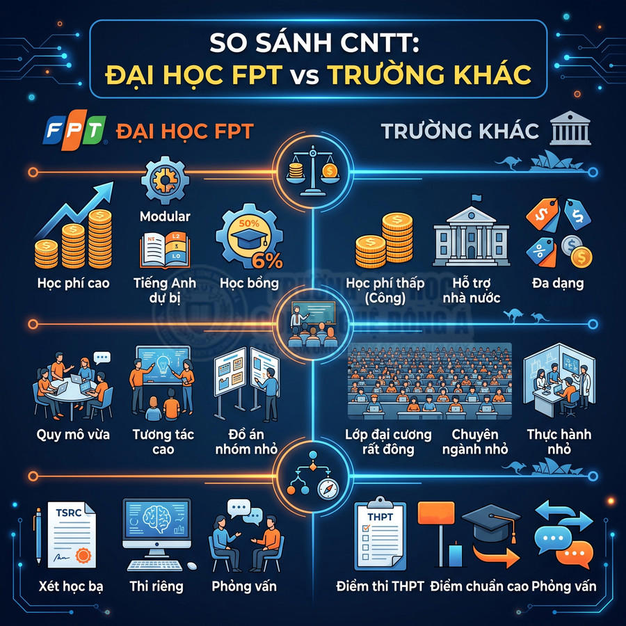 So sánh ngành CNTT Đại học FPT và các trường khác với học phí, học bổng, quy mô lớp, xét tuyển và thực hành