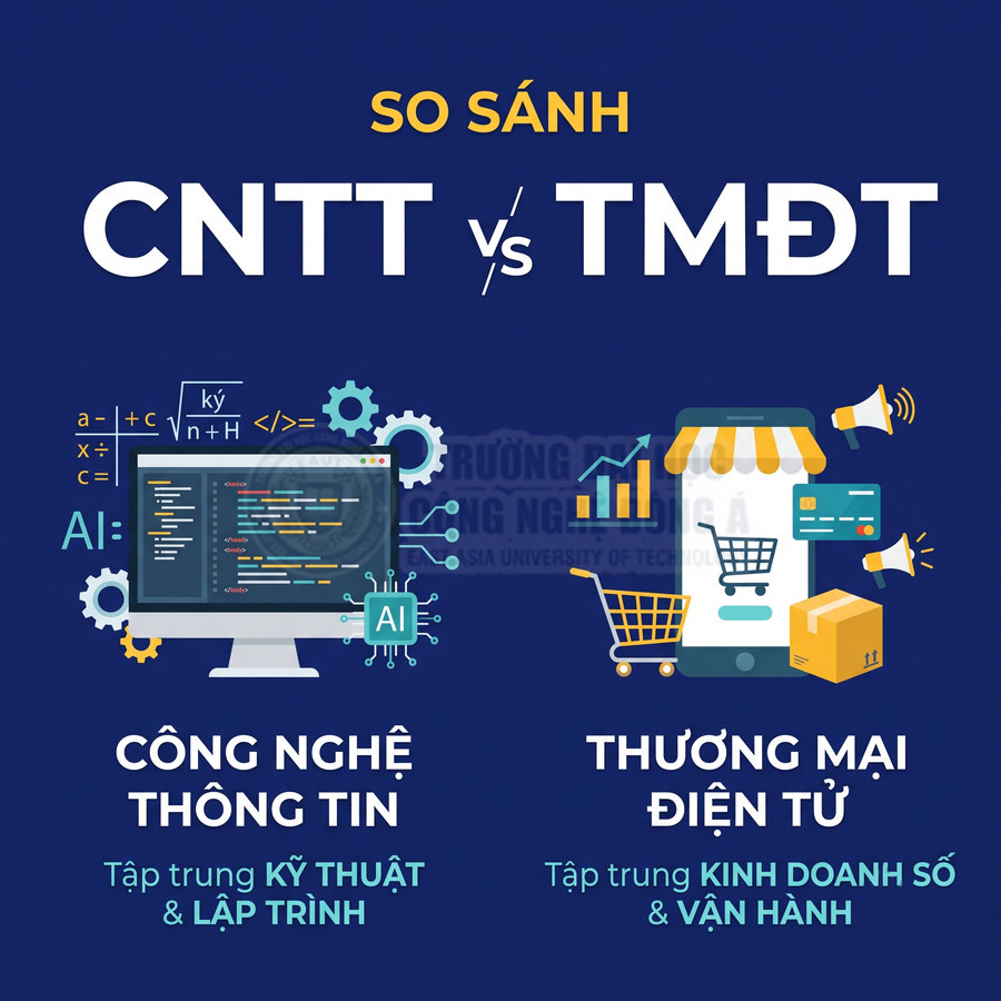 So sánh ngành Công nghệ thông tin tập trung kỹ thuật và lập trình với Thương mại điện tử tập trung kinh doanh số và vận hành