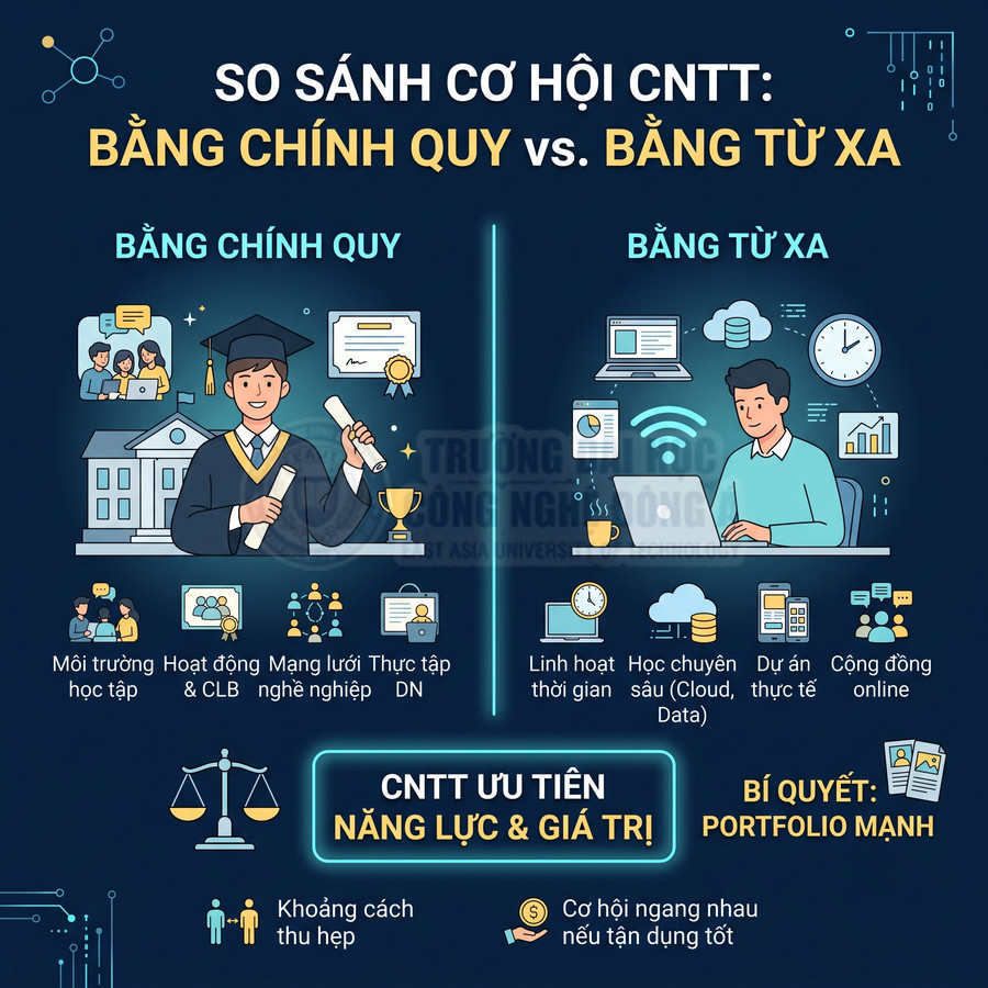 So sánh cơ hội ngành CNTT giữa bằng chính quy và bằng từ xa, nhấn mạnh năng lực và portfolio mạnh