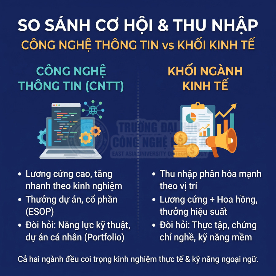 So sánh cơ hội và thu nhập ngành công nghệ thông tin với khối kinh tế qua mức lương và yêu cầu nghề nghiệp