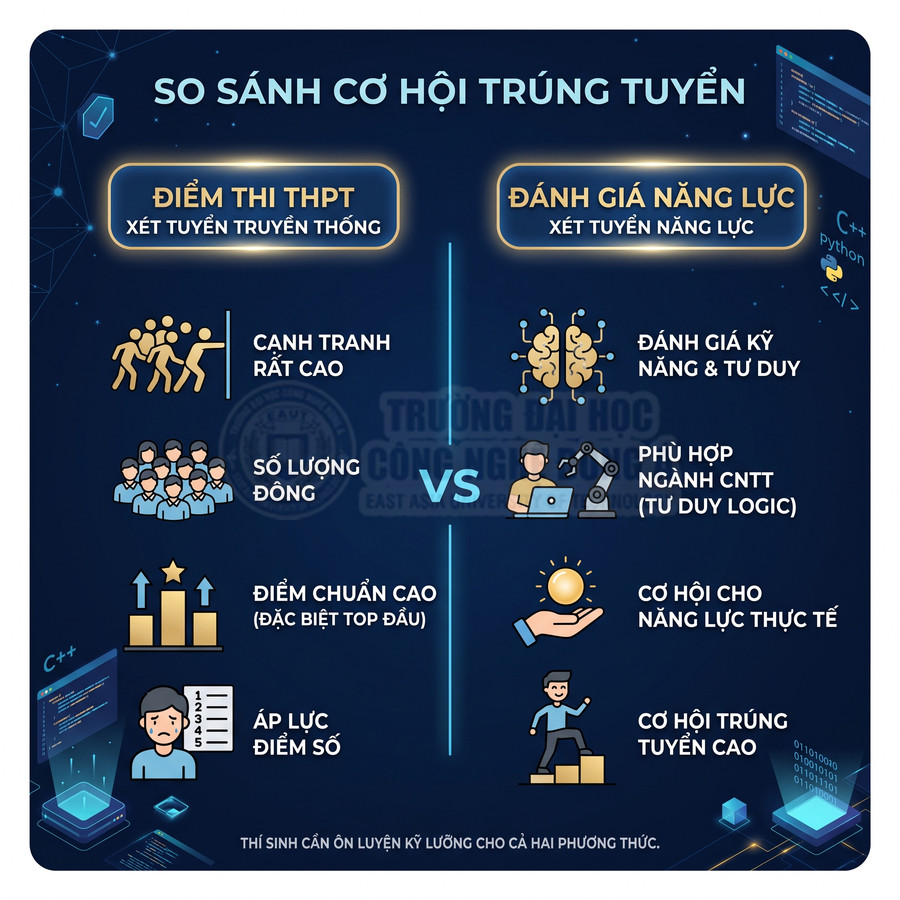 Infographic so sánh cơ hội trúng tuyển bằng điểm thi THPT và đánh giá năng lực ngành CNTT