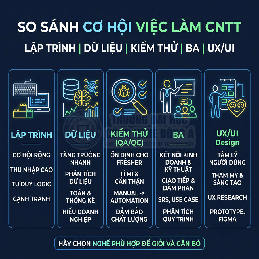 Infographic so sánh cơ hội việc làm ngành CNTT cho các mảng lập trình, dữ liệu, kiểm thử, BA và UX UI