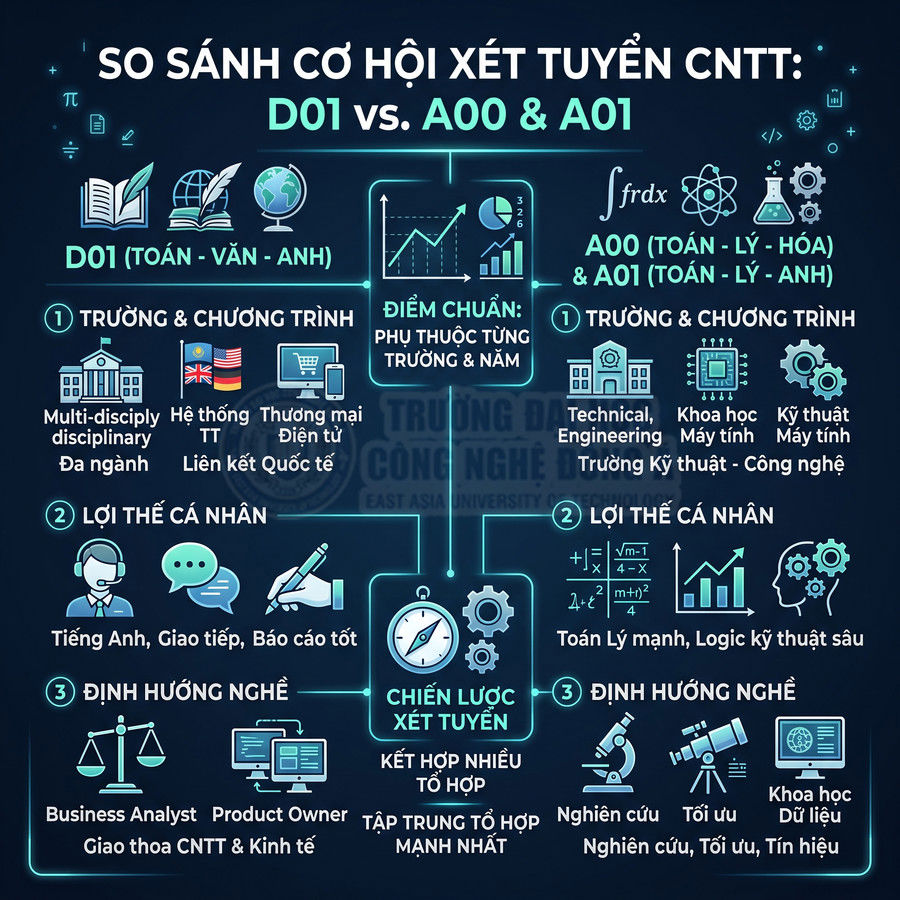 So sánh cơ hội xét tuyển CNTT giữa tổ hợp D01 với A00 và A01 cùng chiến lược chọn tổ hợp phù hợp