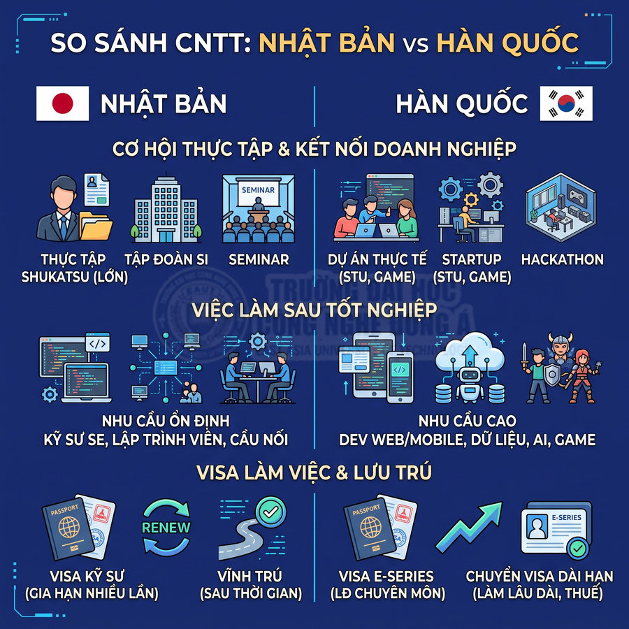 Infographic so sánh ngành CNTT Nhật Bản và Hàn Quốc về thực tập, việc làm sau tốt nghiệp và visa làm việc