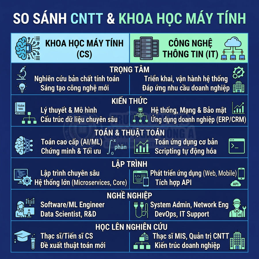 Bảng so sánh ngành Công nghệ thông tin và Khoa học máy tính về trọng tâm, kiến thức, nghề nghiệp, hướng nghiên cứu