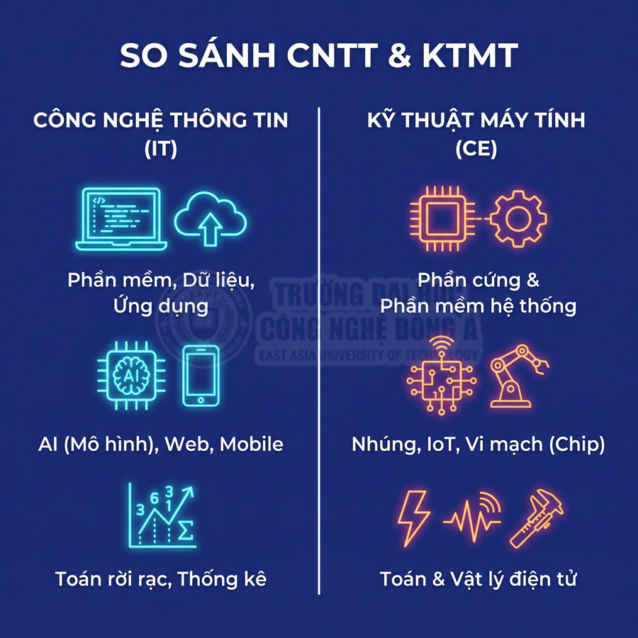 So sánh ngành Công nghệ thông tin và Kỹ thuật máy tính với các lĩnh vực học và biểu tượng minh họa