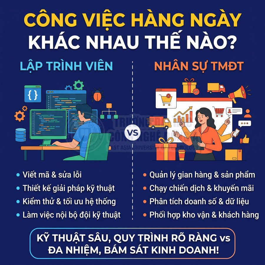 So sánh công việc lập trình viên và nhân sự thương mại điện tử qua nhiệm vụ và kỹ năng hàng ngày