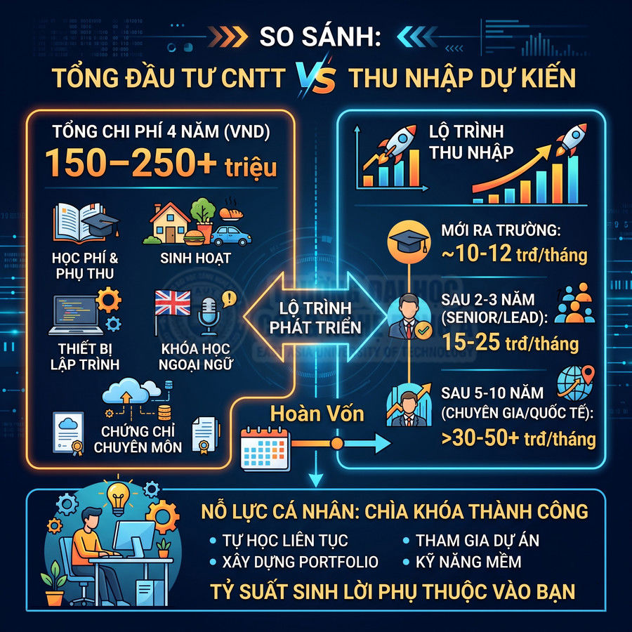 Infographic so sánh chi phí đầu tư học CNTT 4 năm với lộ trình thu nhập và hoàn vốn nghề lập trình viên