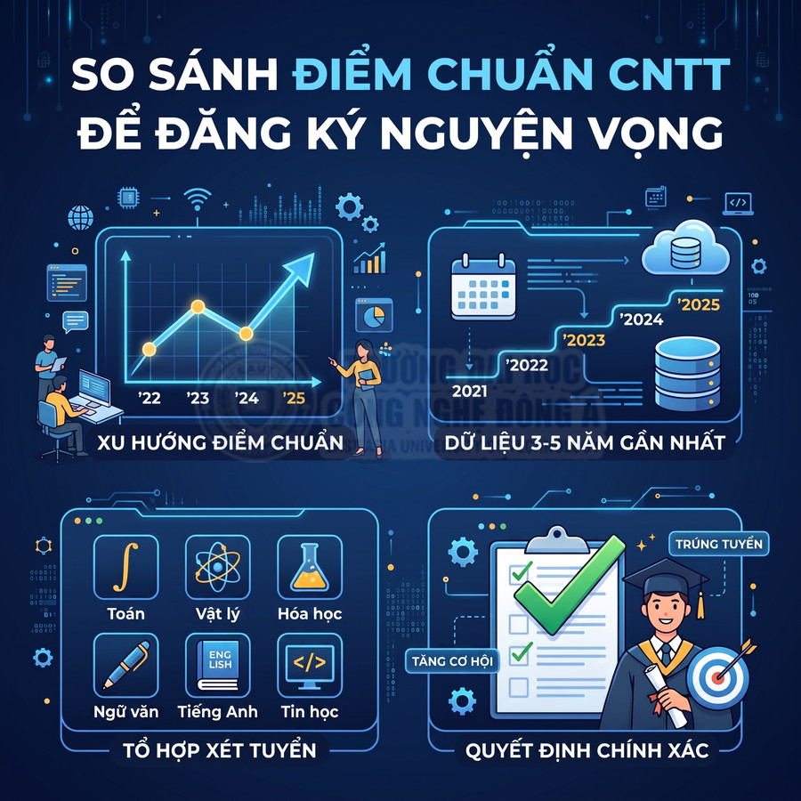 So sánh điểm chuẩn ngành CNTT, xu hướng điểm, dữ liệu 3 đến 5 năm và tổ hợp xét tuyển giúp chọn nguyện vọng chính xác