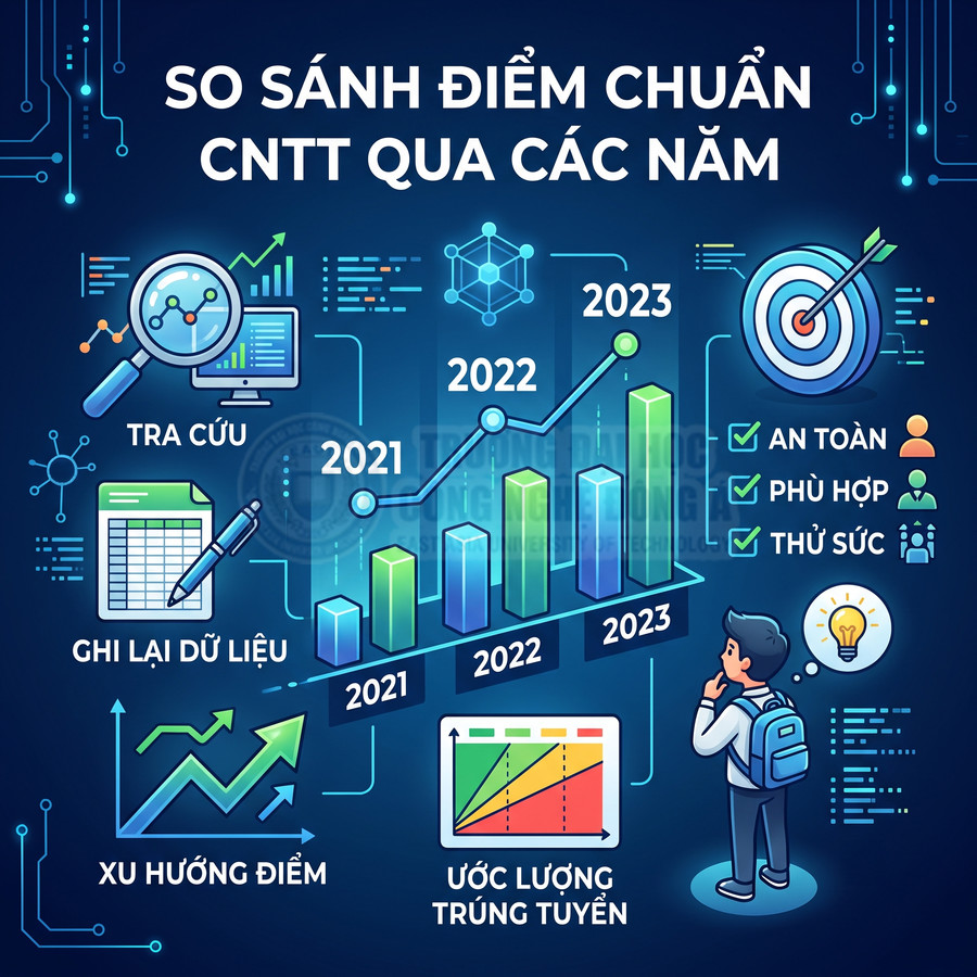 Biểu đồ so sánh điểm chuẩn ngành CNTT các năm 2021 2022 2023 với xu hướng tăng và ước lượng trúng tuyển