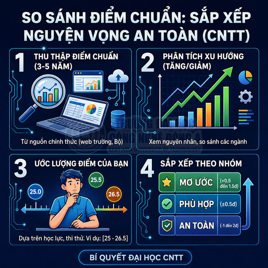 Infographic so sánh điểm chuẩn và sắp xếp nguyện vọng an toàn ngành công nghệ thông tin