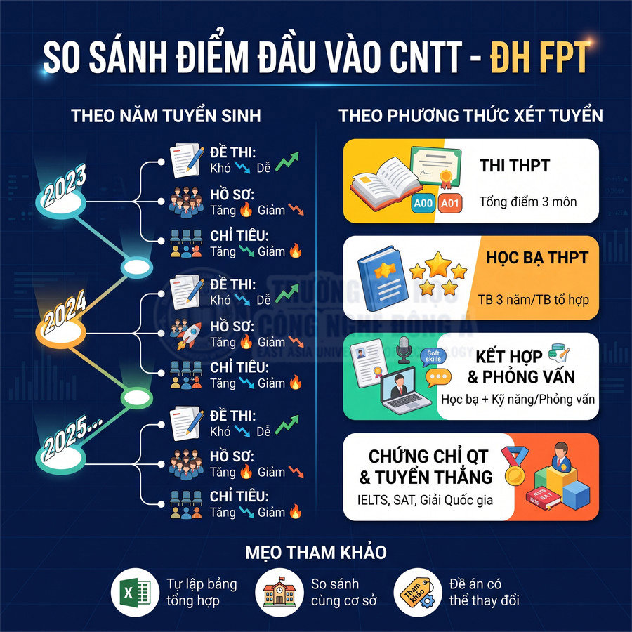 Infographic so sánh điểm đầu vào ngành CNTT Đại học FPT theo năm tuyển sinh và các phương thức xét tuyển