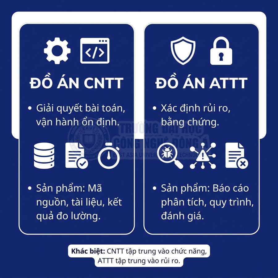 So sánh đồ án CNTT tập trung vào chức năng với đồ án ATTT tập trung vào rủi ro và bảo mật