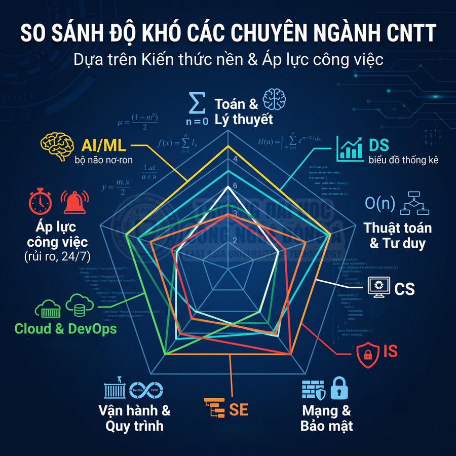 Biểu đồ radar so sánh độ khó các chuyên ngành CNTT theo kiến thức nền và áp lực công việc