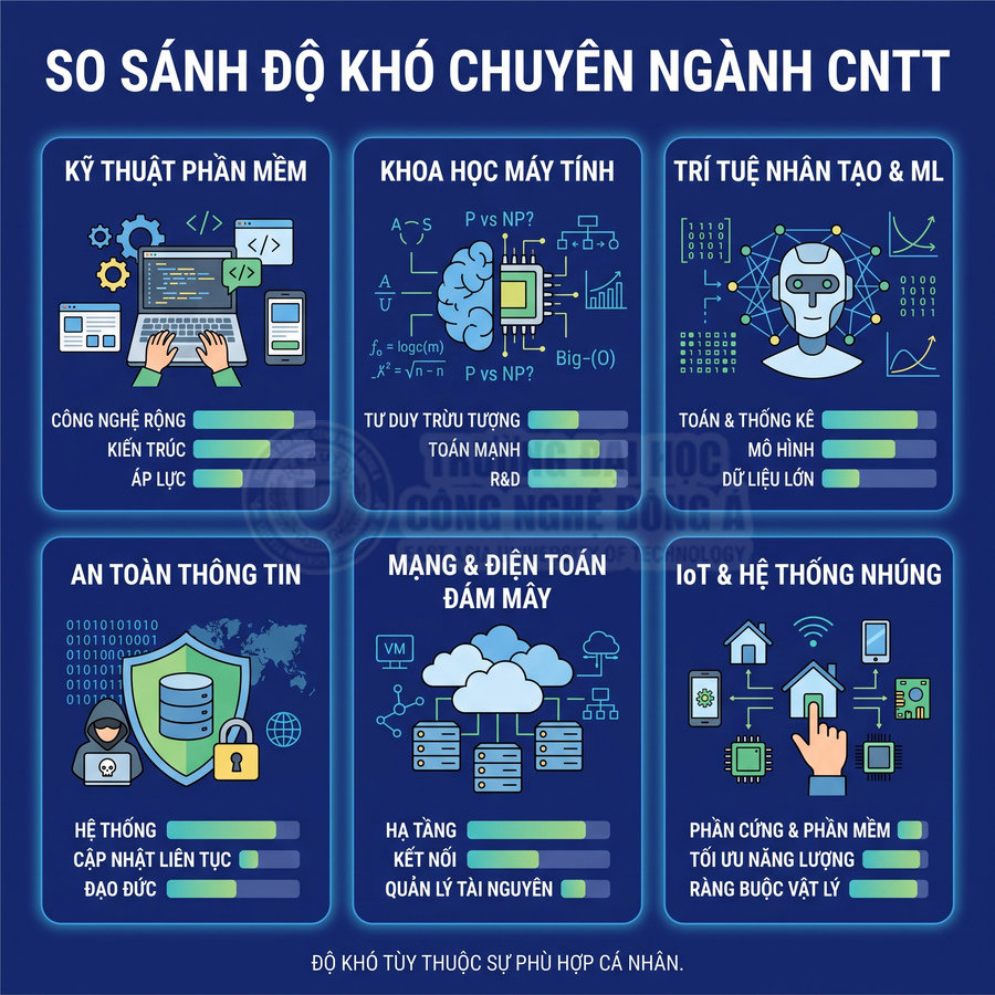 Infographic so sánh độ khó các chuyên ngành CNTT như phần mềm, AI, an toàn thông tin, mạng, IoT