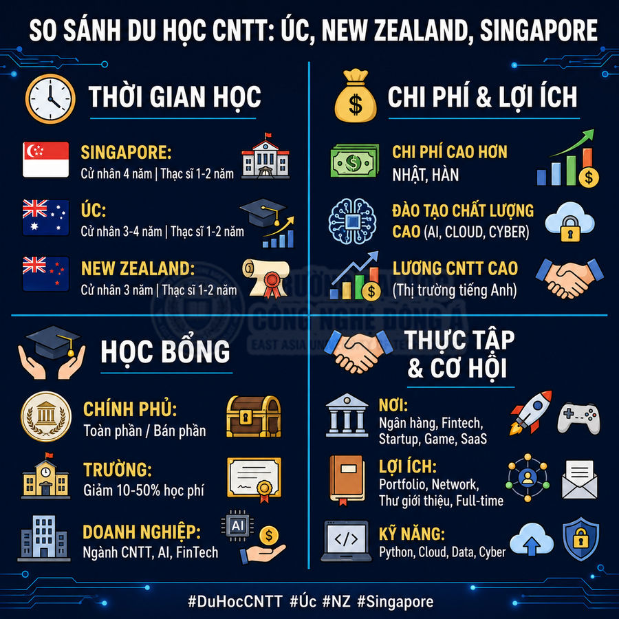 So sánh du học CNTT tại Úc New Zealand Singapore về thời gian học chi phí học bổng và cơ hội việc làm