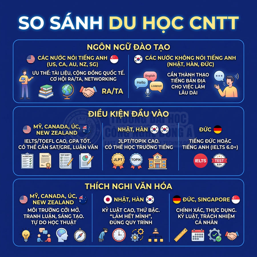 Infographic so sánh du học ngành công nghệ thông tin tại Mỹ, Canada, Nhật, Hàn, Đức, Singapore