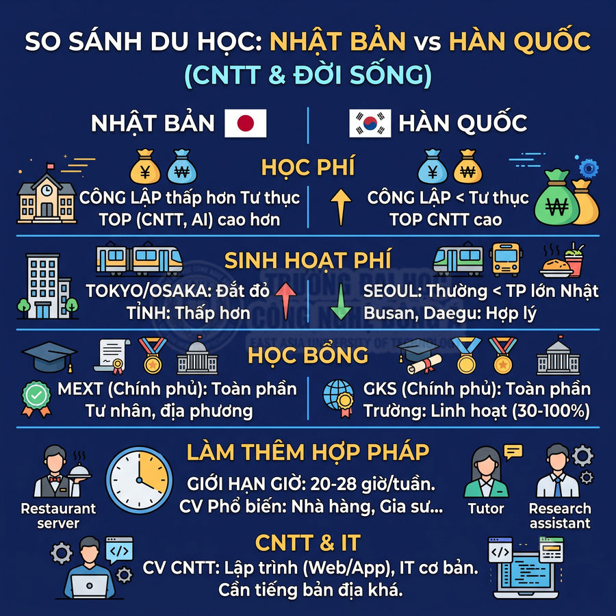 Infographic so sánh du học Nhật Bản và Hàn Quốc về học phí, sinh hoạt phí, học bổng, việc làm thêm, ngành CNTT
