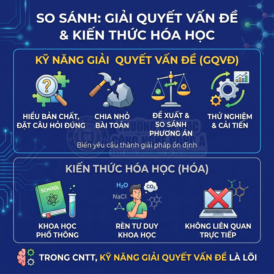 Infographic so sánh kỹ năng giải quyết vấn đề và kiến thức hóa học trong lĩnh vực công nghệ thông tin