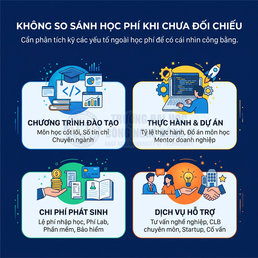 Infographic so sánh học phí với chương trình đào tạo, thực hành dự án, chi phí phát sinh và dịch vụ hỗ trợ sinh viên