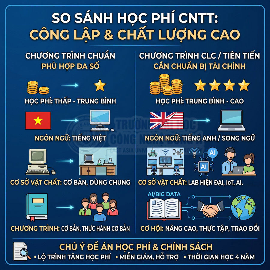 So sánh học phí CNTT chương trình chuẩn và chất lượng cao, khác biệt về ngôn ngữ, cơ sở vật chất, cơ hội học tập