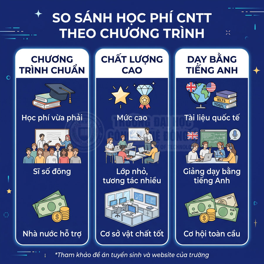 Infographic so sánh học phí các chương trình đào tạo CNTT: chuẩn, chất lượng cao và dạy bằng tiếng Anh