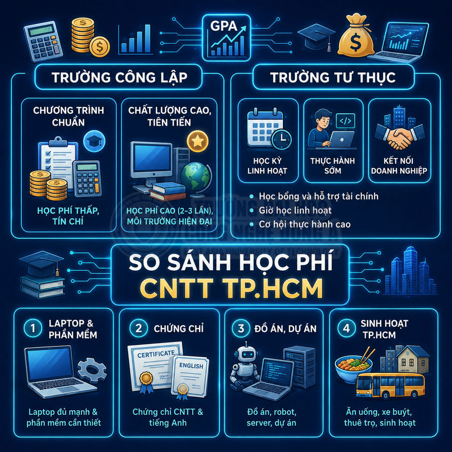 Infographic so sánh học phí ngành công nghệ thông tin TP.HCM giữa trường công lập và trường tư thục