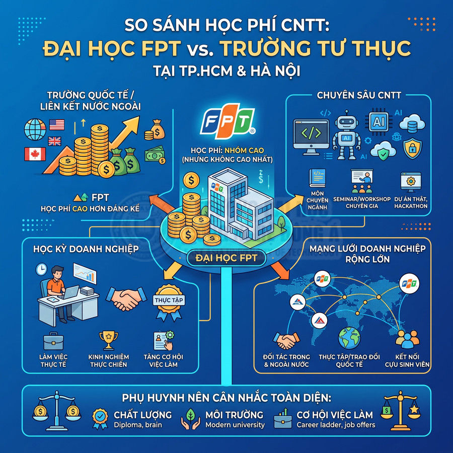 Infographic so sánh học phí và lợi ích ngành CNTT Đại học FPT với các trường tư thục tại TP.HCM và Hà Nội