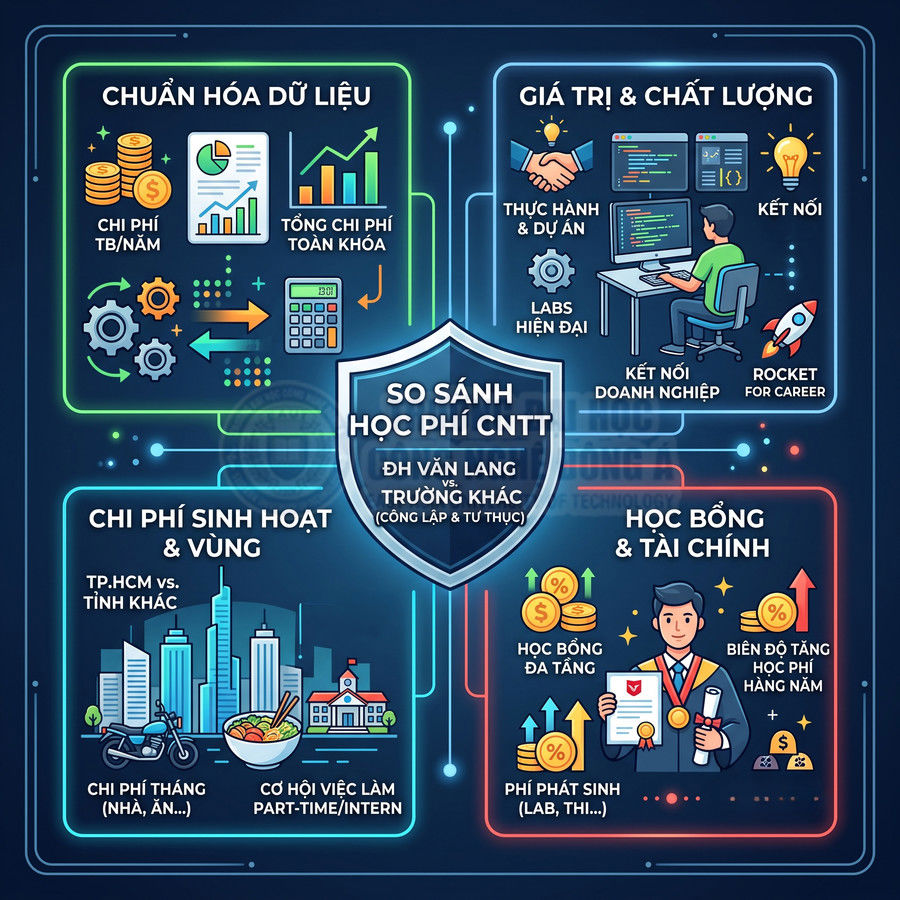 Infographic so sánh học phí ngành CNTT Đại học Văn Lang với các trường khác về chi phí, chất lượng và học bổng