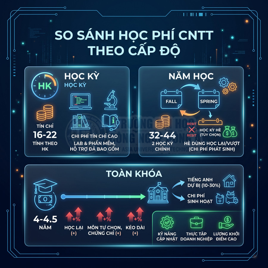 Infographic so sánh học phí ngành CNTT theo học kỳ, năm học và toàn khóa với các chi phí và yếu tố ảnh hưởng