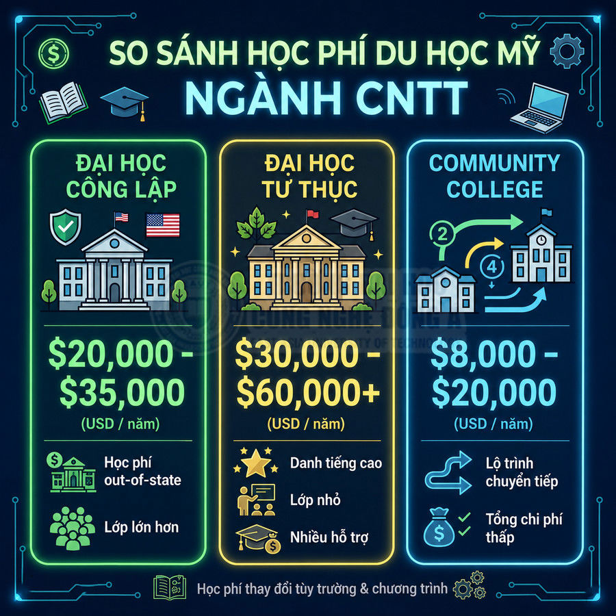So sánh học phí du học Mỹ ngành CNTT giữa đại học công lập, tư thục và community college