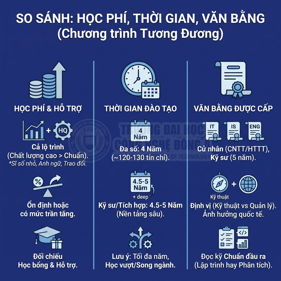 Infographic so sánh học phí, thời gian đào tạo và văn bằng chương trình tương đương tại trường đại học