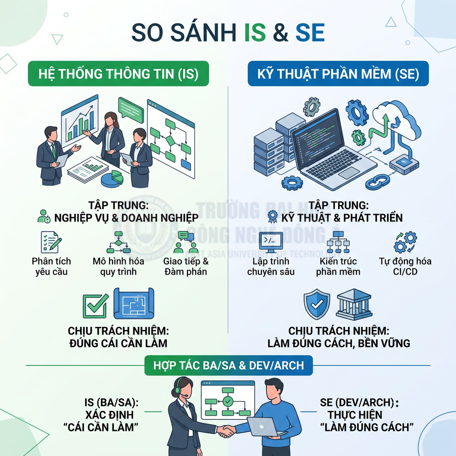 Infographic so sánh ngành Hệ thống thông tin và Kỹ thuật phần mềm, nêu trọng tâm, kỹ năng và trách nhiệm từng bên