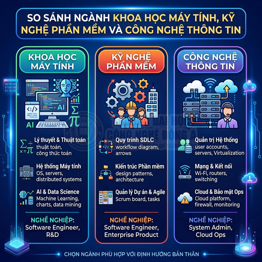 Infographic so sánh ngành khoa học máy tính, kỹ nghệ phần mềm và công nghệ thông tin cùng các kỹ năng và nghề nghiệp