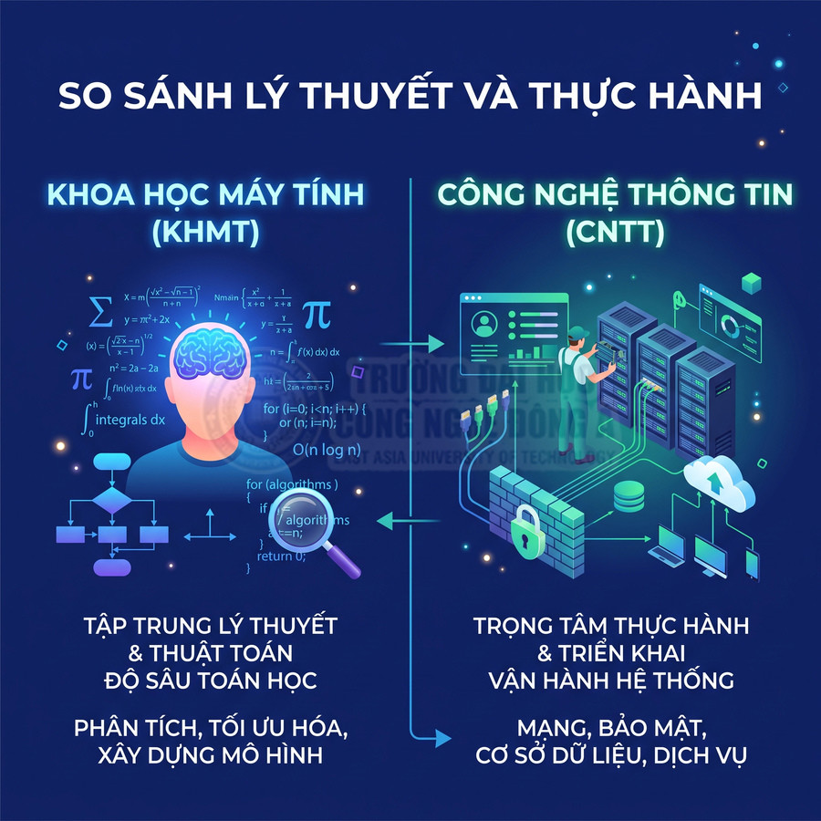 Infographic so sánh khoa học máy tính và công nghệ thông tin về lý thuyết, thuật toán và triển khai hệ thống, bảo mật, dữ liệu