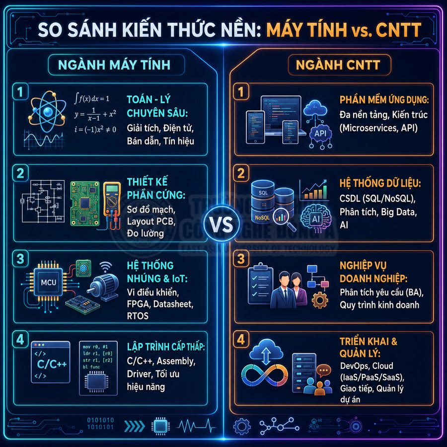 So sánh kiến thức nền ngành Máy tính và Công nghệ thông tin với các mảng học và kỹ năng chính