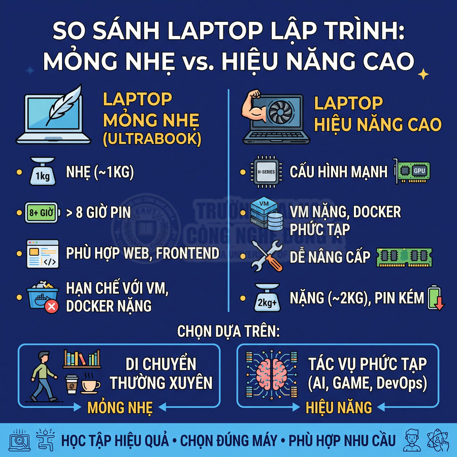 Infographic so sánh laptop lập trình mỏng nhẹ ultrabook và laptop hiệu năng cao cho các nhu cầu khác nhau